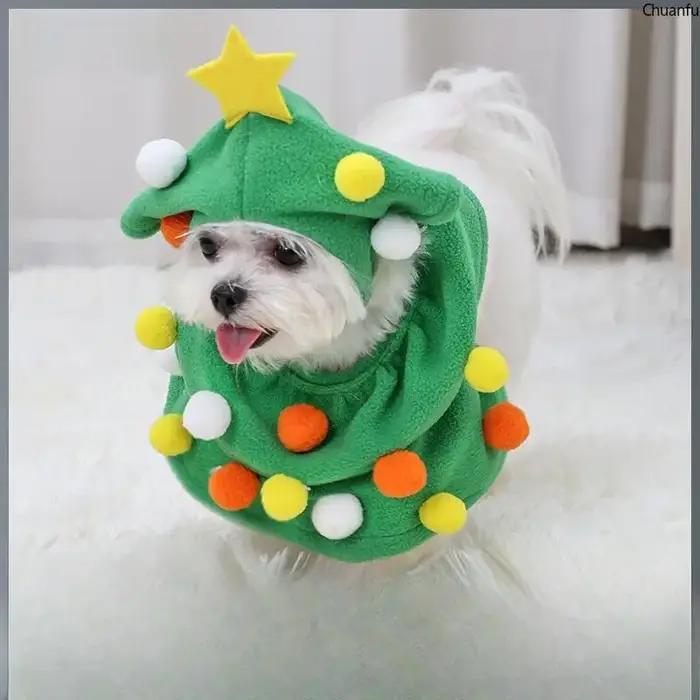 Costume de Noël pour animaux de compagnie, tenue festive chaude et réglable pour chiens et chats, avec capuche double couche, boules colorées et fermetures à velcro, pour occasions spéciales et réunions familiales