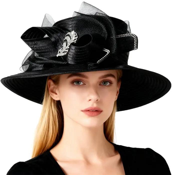 Chapeau de cérémonie pour femme - Chapeau melon à large bord avec nœud, visière plate formelle pour