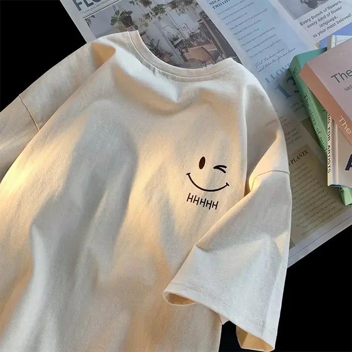 T-shirt à manches courtes pour hommes et femmes, visage souriant, drôle, mode Couple, basique améric