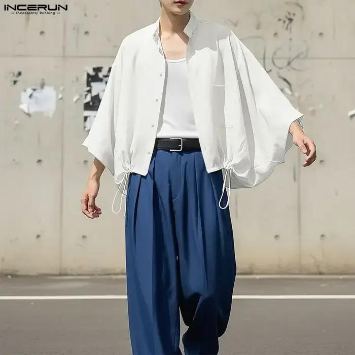 Chemise Homme INCERUN Col Montant Uni Manches 3/4 Ample Décontractée Vêtements Homme Cordon de Serrage Streetwear 2026 Hauts Tendance Chemises Homme