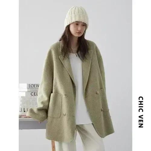 Manteau en laine et polyester pour femmes style rétro ample et décontracté double boutonnage col rabattu occasions spéciales