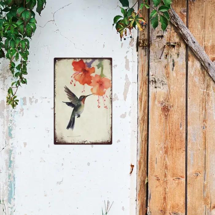 Putuo Decor-Oiseau vintage en métal 18/Sign, champ avec des fleurs sauvages et un oiseau, décor d'ar