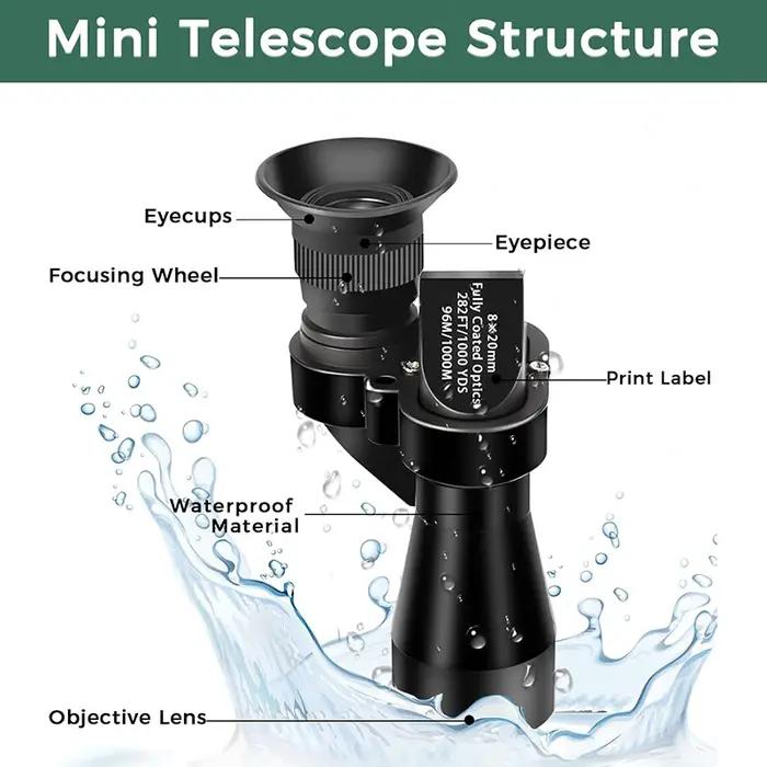 Monoculaire compact 8x20 pour adultes, portable avec adaptateur smartphone pour birdwatching et pêche