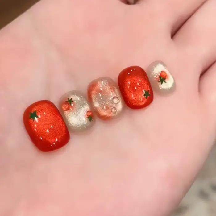 10 pièces ongles à pression courts ovales rouges festifs avec un design de tomate mignon finition br