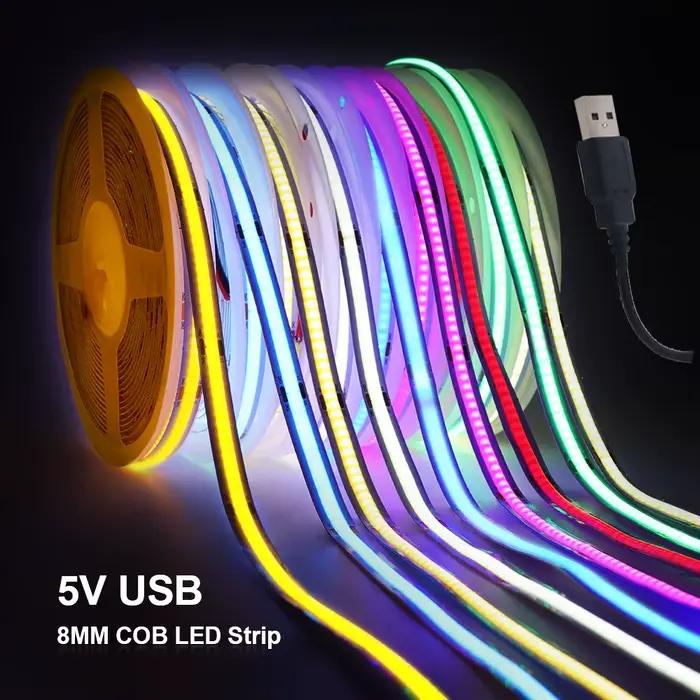 Bande lumineuse LED COB 8mm, 5V, 320 diodes/m, haute densité, souple, 3000K, 4000K, 6000K, rouge, bl
