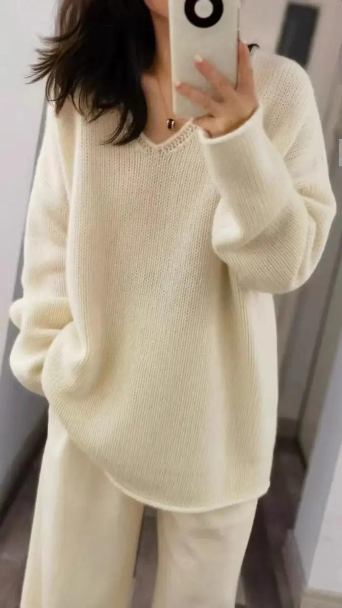 Pull en cachemire de luxe pour femme, col en V, ample et doux, pour automne et hiver, élégant et confortable