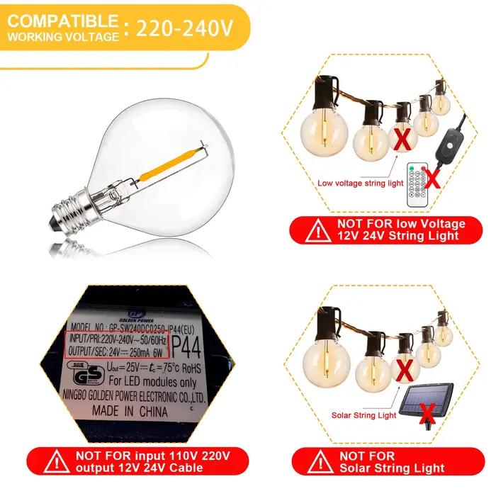 G40 LED chaîne lumière ampoules de remplacement E12 220V 110V Globe ampoule blanc chaud 2200K 10W éq
