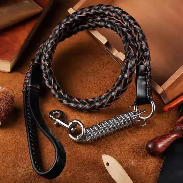 Laisse de chien en cuir tressé sans côtes avec ressort