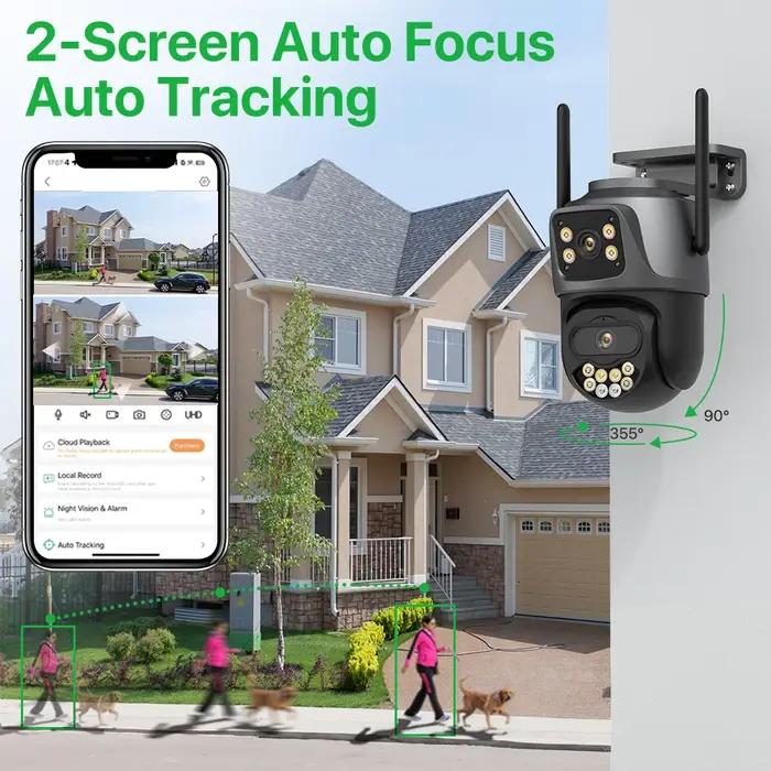 Caméra IP extérieure 6K 9MP triple objectif - Surveillance PTZ WiFi avec suivi automatique iCSee