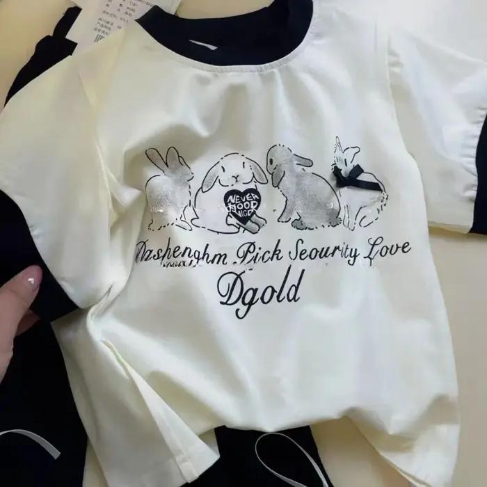 Bear Leader – vêtements de pâques décontractés pour filles, imprimé lapin, manches courtes + nœud en
