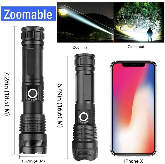 Lampe de poche LED haute puissance XHP50 à 4 cœurs, torche Rechargeable de Type C, Zoom, lanterne à
