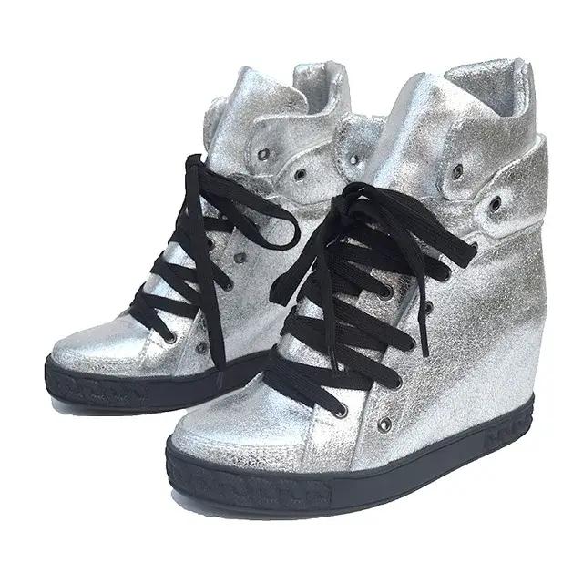 Chaussures décontractées en cuir suédé de vache noir argent femmes hauteur augmentant à lacets dames