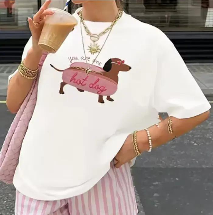 T-shirt pour femme avec imprimé de teckel amusant, décontracté, blanc, adapté aux femmes en été, idéal pour les jours chauds, les voyages, les fêtes et la vie quotidienne