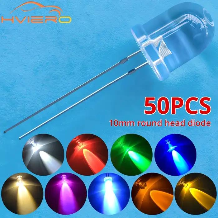 50 pièces 10mm rond haut Super lumineux lampe perles clair Diode électroluminescente LED blanc rouge