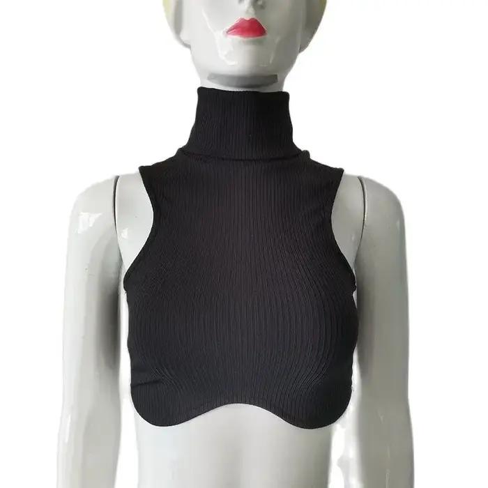 Haut court à col roulé en tricot noir pour femme
