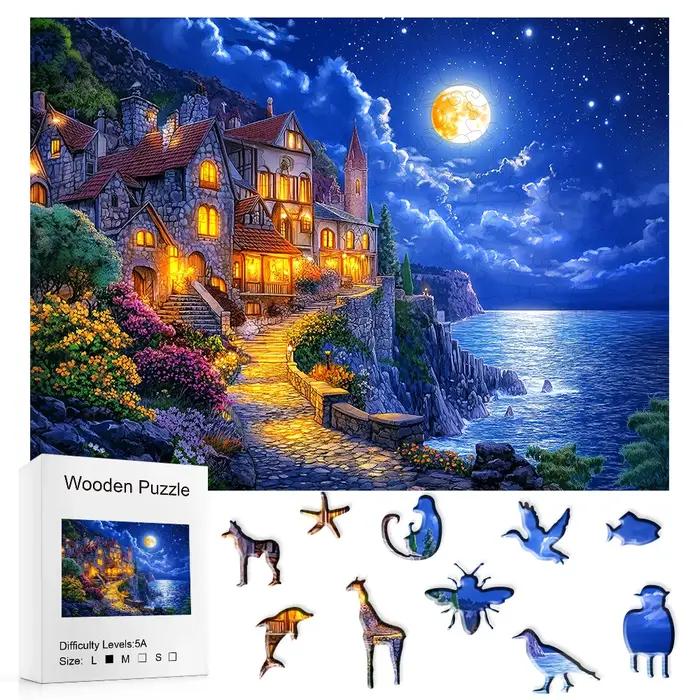 Puzzle en bois au château côtier au clair de lune avec pièces uniques en forme d'animal