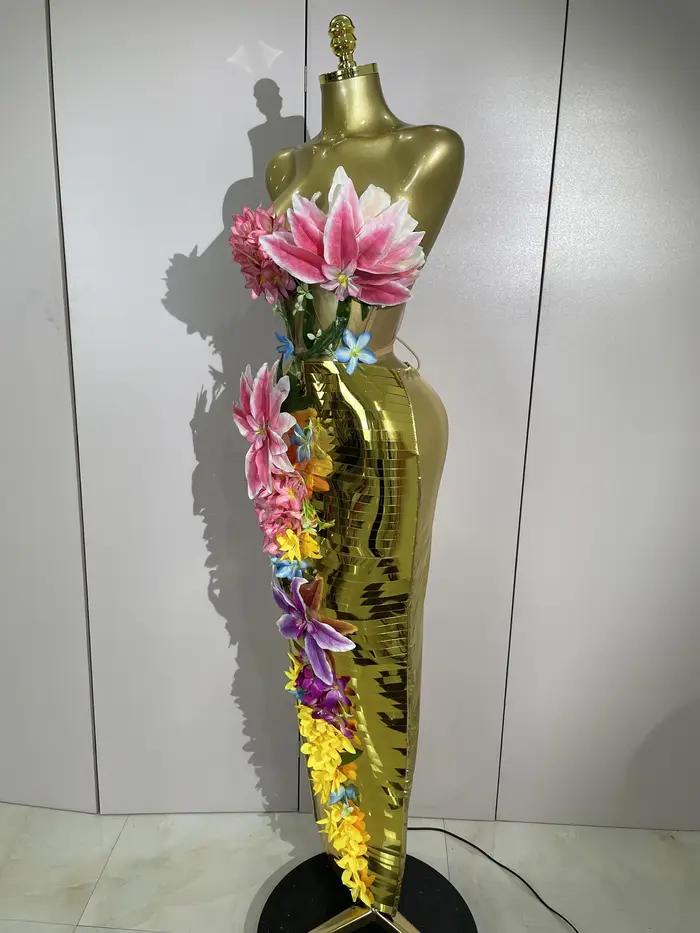 Ensemble deux pièces pour femme, haut en maille dorée à fleurs 3D élégant, robe longue moulante, soi