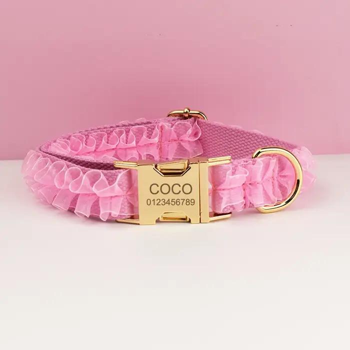 Collier pour chien en dentelle rose gravé sur mesure - Harnais personnalisé pour animaux de compagnie