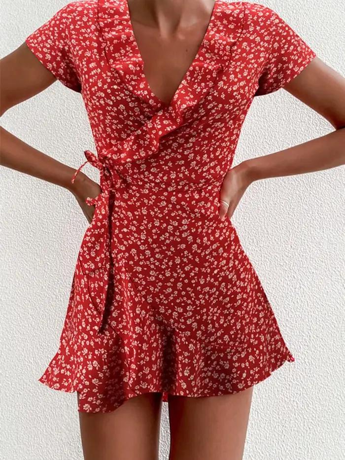 Robe trapèze flottante d'été pour femmes, douce et élégante, à volants floraux, col en v, robe court