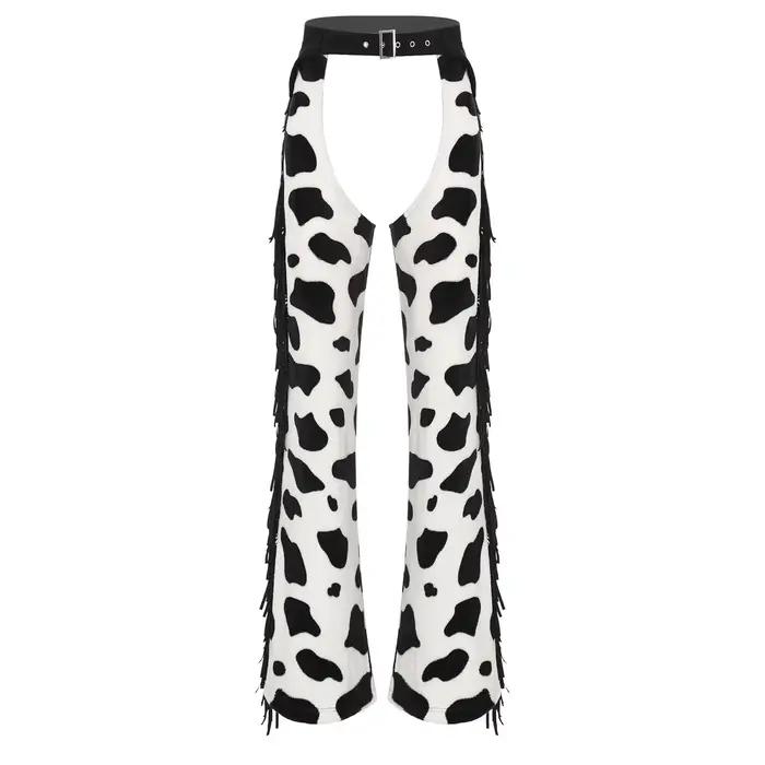 Pantalon de Cowboy pour hommes et femmes, Cosplay, imprimé vache, pompon, flanelle, entrejambe ouvert, Chaps, Costume de fête pour Halloween, Club Raves