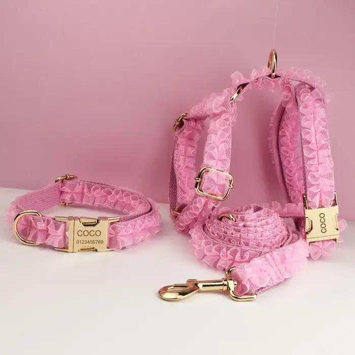 Collier pour chien en dentelle rose gravé sur mesure - Harnais personnalisé pour animaux de compagnie