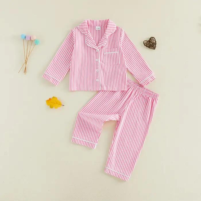 Vêtements pour enfants, ensembles de pyjama pour filles et garçons, chemises à manches longues rayées à boutons, hauts et pantalons, vêtements de nuit, tenues décontractées
