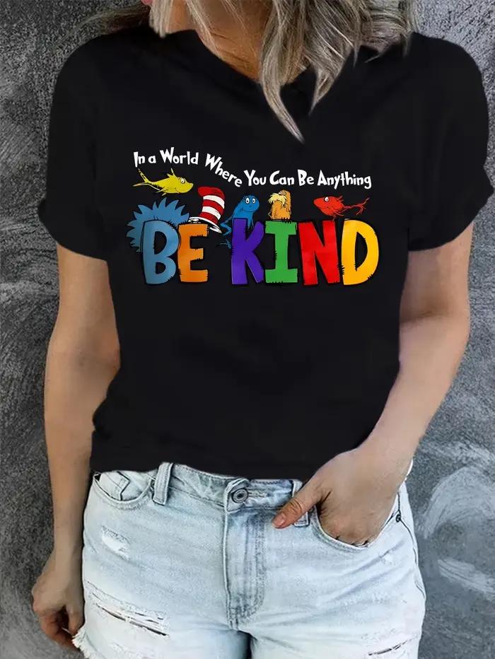 T-shirt Be Kind Vintage pour Femmes, Style Décontracté, Polyesters Doux, Idéal pour Printemps et Été, Occasions Spéciales