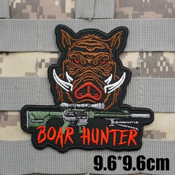 Patchs brodés tactiques militaires de chasseur de sanglier, Badge de sac à dos avec support à croche