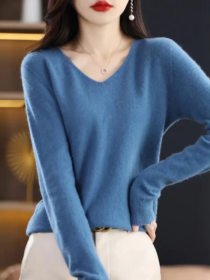 Pull en cachemire à col en V pour femme, 100% laine mérinos, pull basique, manches longues, tricots doux, document Y-Solid, vêtements d'automne et d'hiver