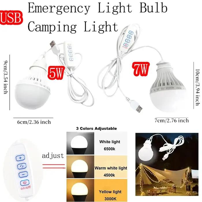 Lampe de Camping Led 5W/7W, ampoule d'urgence Usb, 3 couleurs, variable, suspendue, pour tente, Barb