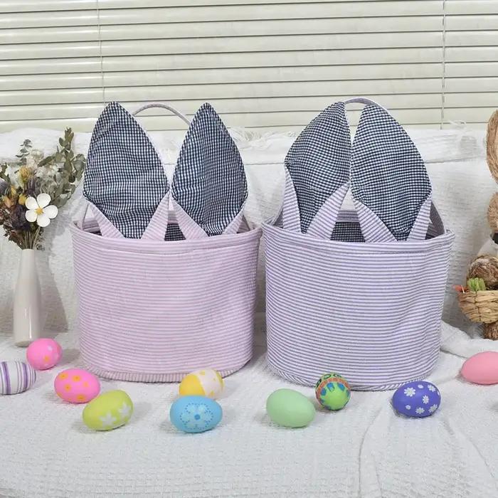 Paniers de Pâques en tissu Seersucker avec oreilles de lapin mignonnes