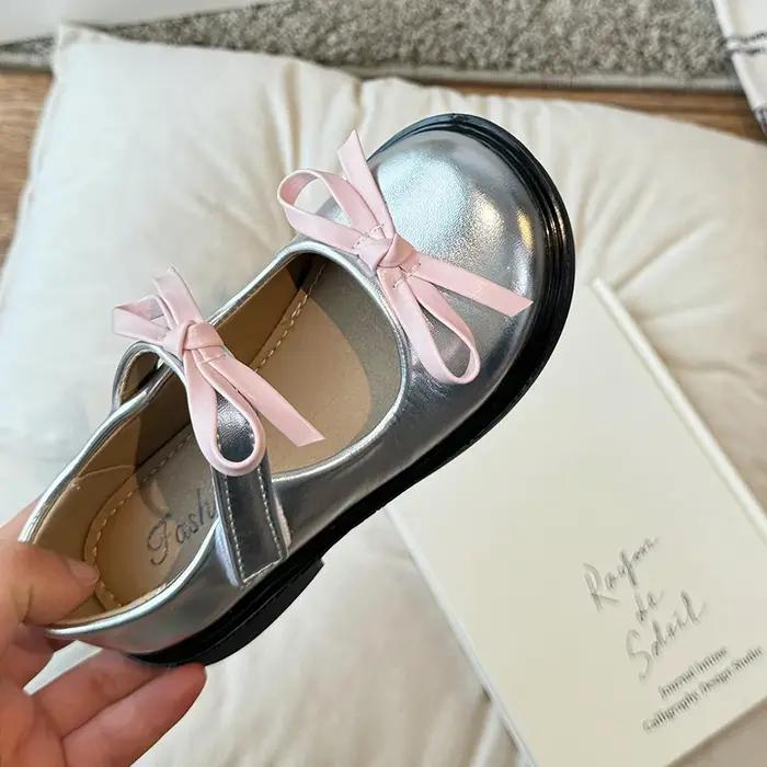 Printemps Fille Mary Janes Argent Noir Bowvétérans t Élégant Enfants Chaussures En Cuir Chunky Rond