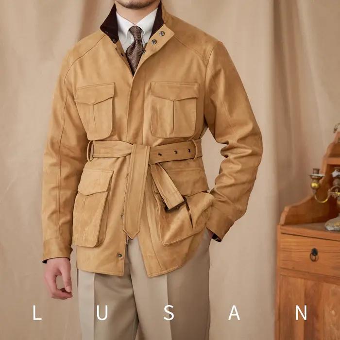Gentry veste de chasse en daim de style haut ceinture multi-poches chaude coupe ajustée