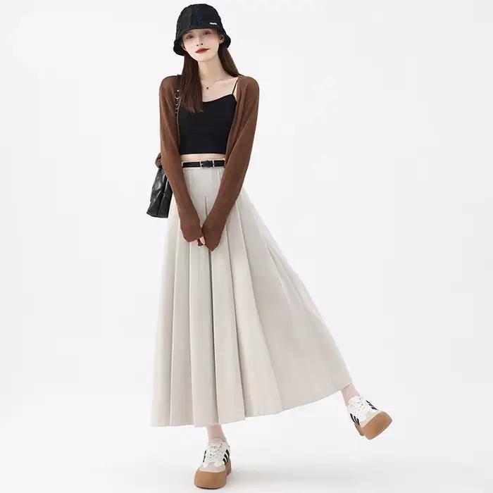Jupe trapèze grise pour femme, taille haute, décontractée, en laine, longueur midi, pour le printemps et l'automne
