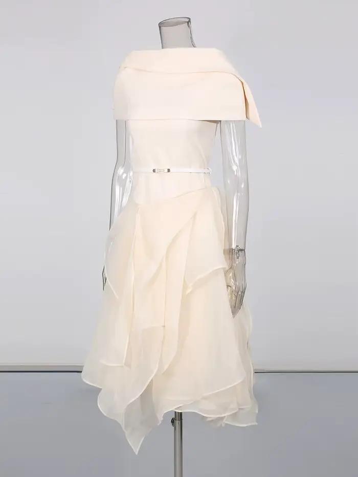 CHICEVER Ensemble deux pièces irrégulier uni pour femme, col châle à revers, sans manches, robe long