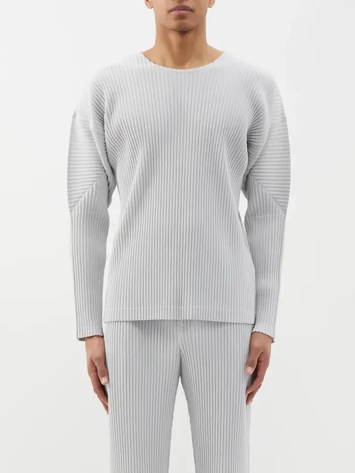 T-shirt plissé Miyake à manches longues pour homme, coupe ample décontractée, col rond, style japona