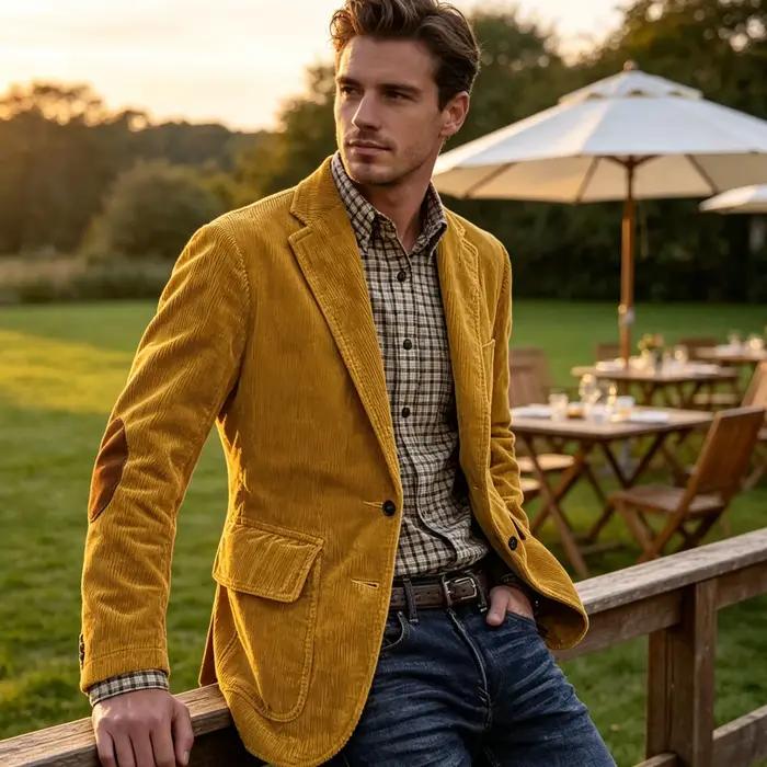 Blazer de chasse en velours côtelé marron style vintage pour homme avec patchs aux coudes et revers crantés pour mariage et événements spéciaux