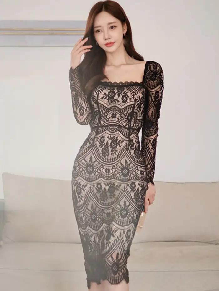 Robe élégante en dentelle à col carré pour femmes, manches longues, gaine taille haute, robes de bur