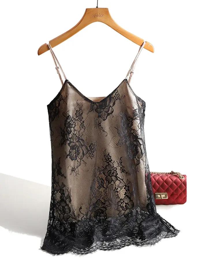 Haut en soie dentelle spaghetti sangle pour femmes col en V basique camisole sans manches été