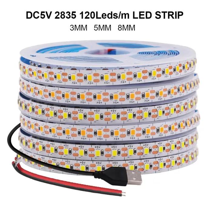 Bande lumineuse LED Flexible, 5V, 2835, 3mm, 5mm, 8mm, largeur PCB, 120 diodes/m, fil USB/2 broches,