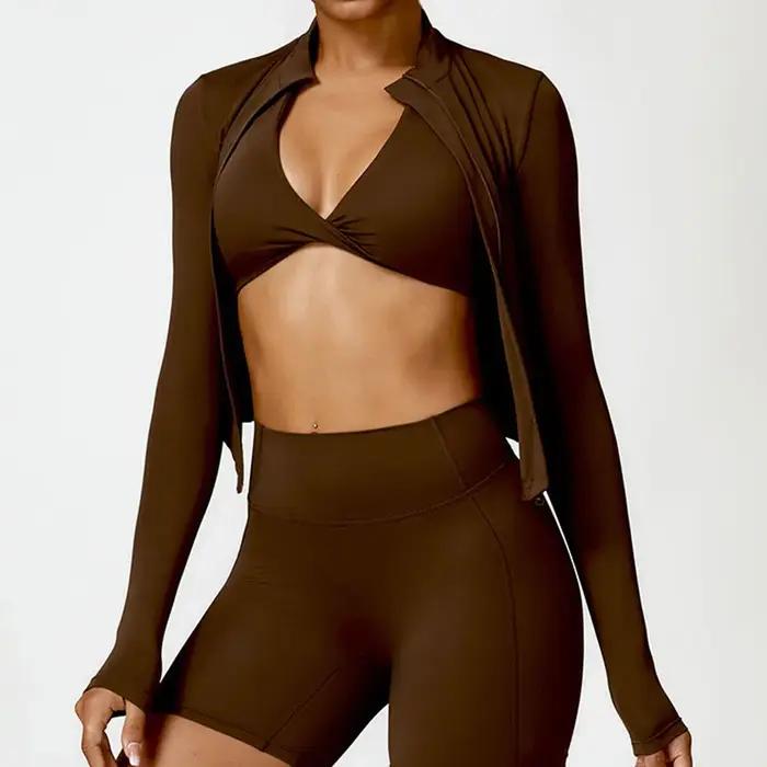 Chemise d'exercice de gymnastique pour femmes, vêtements de sport à manches longues, veste à fermetu