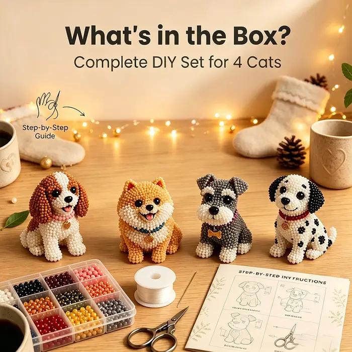 Kit DIY de perles 3D pour chien, ensemble de 4 chiots mignons à réaliser soi-même, fournitures et instructions complètes, cadeau de décoration artisanale relaxant