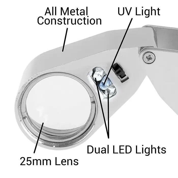 Loupe à lentille UV LED pour bijoutier éclairé 40X, avec Construction métallique et verre optique