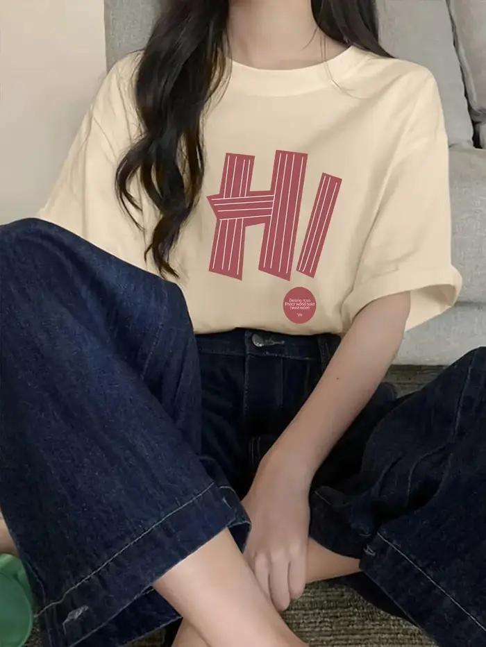 T-shirt mode coréenne pour femmes, lettre Simple H! T-shirts imprimés été col rond hauts amples rue