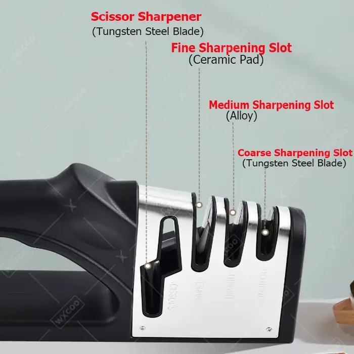 Aiguiseur de couteaux à 4 segments en carbure de tungstène pour une affûtage rapide et précise de couteaux et ciseaux pour cuisine professionnelles et amateurs