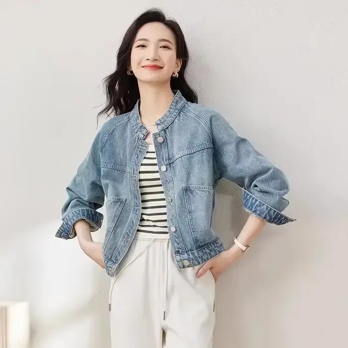 Veste en jean coréenne unie pour femme, manteau de cowboy, col montant, vêtements d'extérieur, nouveautés, chic et élégant, créateur Harajuku
