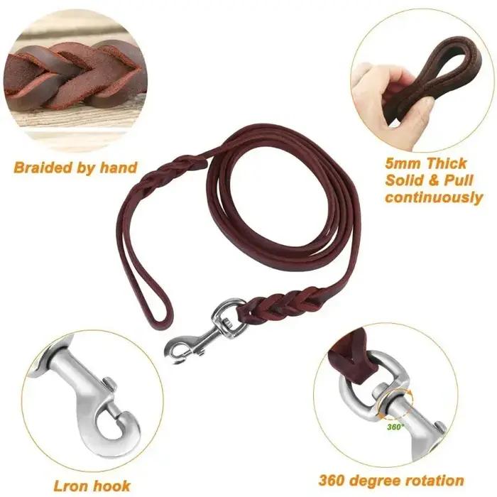 Laisse longue tressée en cuir véritable pour chiens