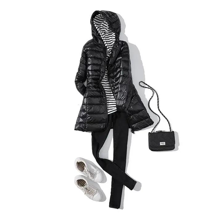 Doudoune Longue Chaude et Légère Femme à Capuche avec Sac de Rangement Portable Polyvalente pour Occasions Automnales et Hivernales