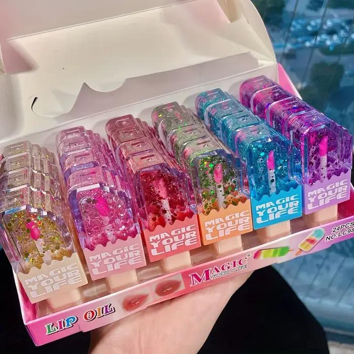 24 pièces mignon chat paillettes huile pour les lèvres forme d'amour coloré brillant