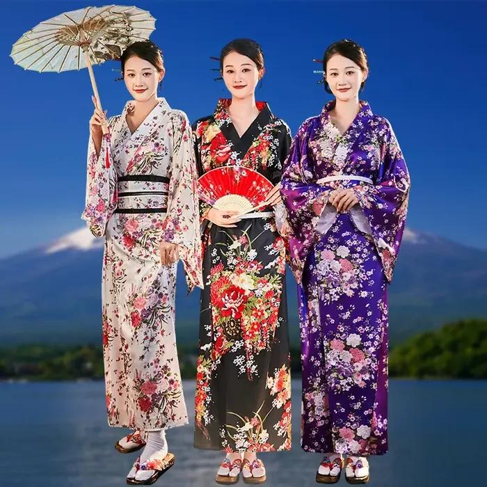 Kimono en rayonne de soie Yukata pour femmes japonaises blanches, Tradition de la mode avec fleur Obi, Costume de Cosplay Vintage, robe de soirée, taille unique
